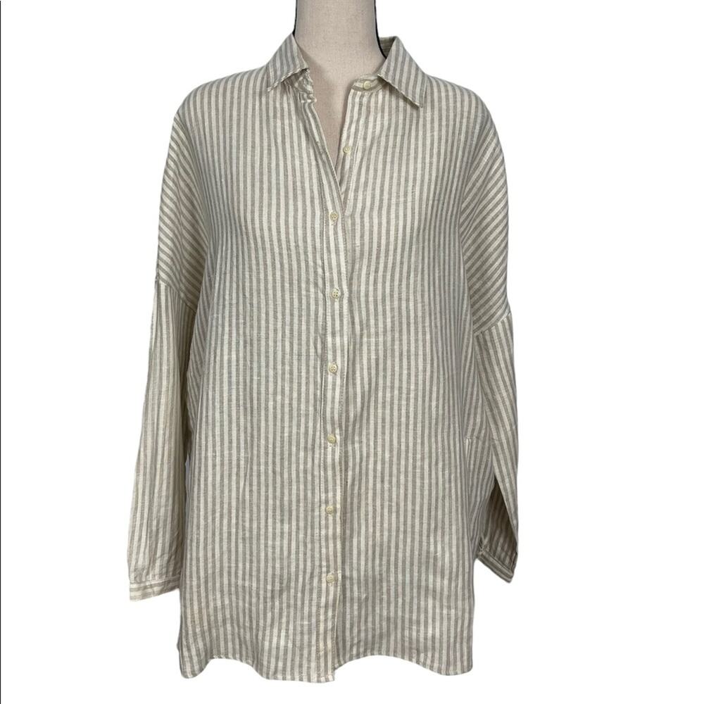 Coast 100% Linen Striped Longline Oversized Button Front Top Tunic Size Small